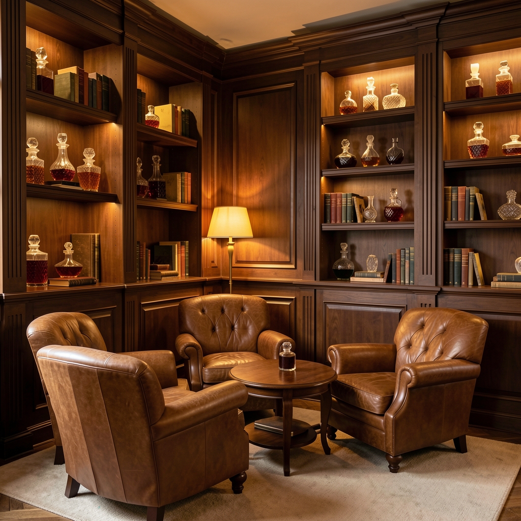 Warm and inviting lounge area of Prague Event Lounge with dark wood paneling, leather armchairs, bookshelves with vintage decanters and soft golden lamp lighting in Brno