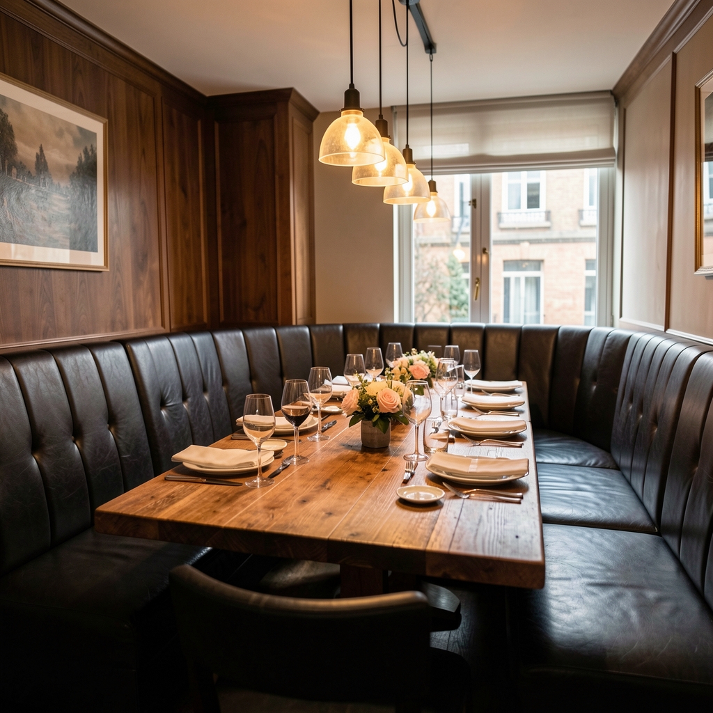 Intimate private dining room with dark leather seating, warm pendant lighting and a long wooden table set for an exclusive dinner in Prague Event Lounge Brno