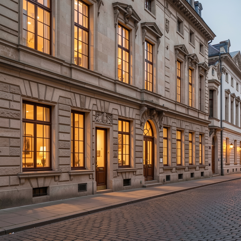 Historic building facade with stone architecture and warm interior lighting visible through tall windows on a cobblestone street in central Brno Czech Republic evening time