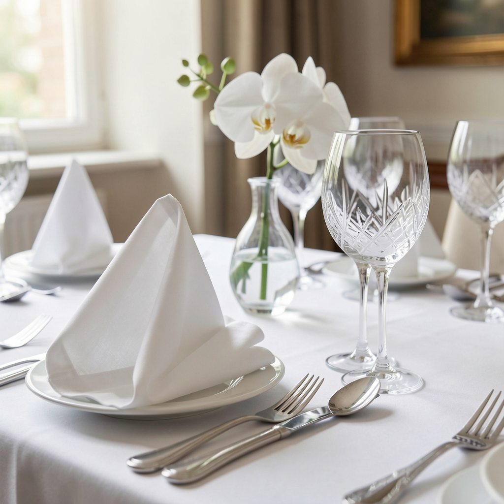 Close-up of elegantly set dining table with white linen napkin folded in a sophisticated manner, gleaming silverware, crystal wine glass and a single white orchid in a bud vase