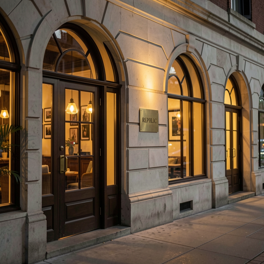 Exterior of Prague Event Lounge at night with warm light emanating from arched windows and a discreet brass sign on stone wall facade in Brno Czech Republic