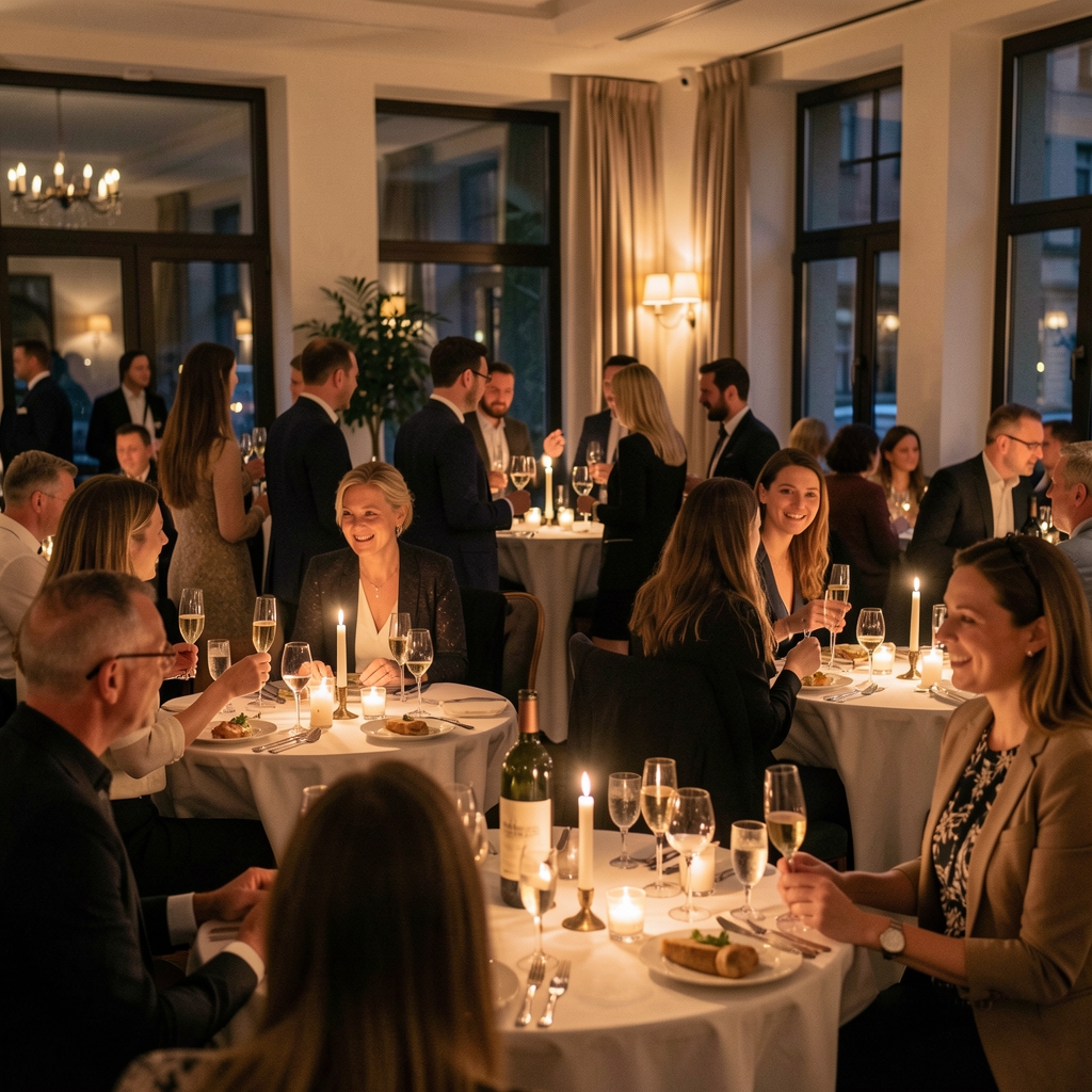 Lively evening event at Prague Event Lounge with guests mingling around candlelit tables, champagne glasses and soft ambient lighting in a sophisticated venue interior in Brno