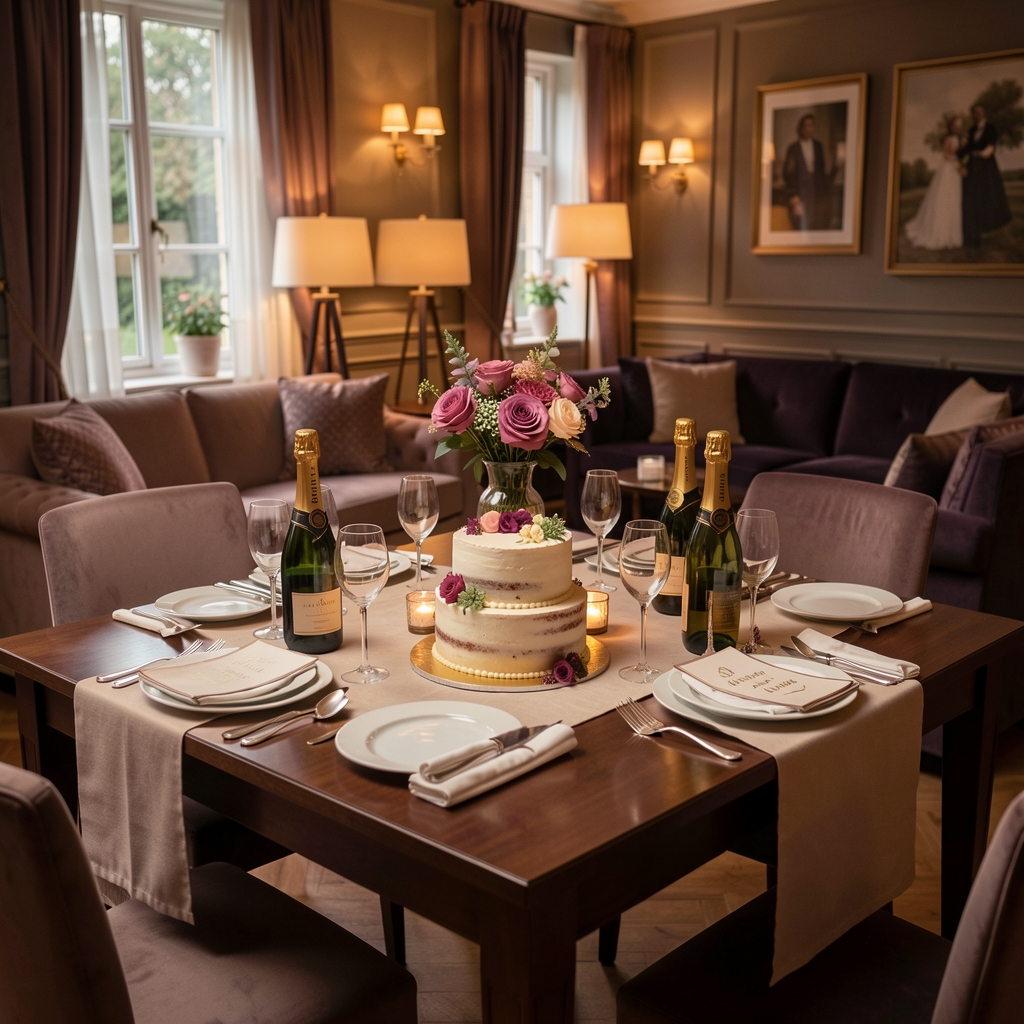 Exclusive private birthday celebration setup with personalized table decorations, custom cake, champagne bottles and intimate ambient lighting in a private salon at Prague Event Lounge