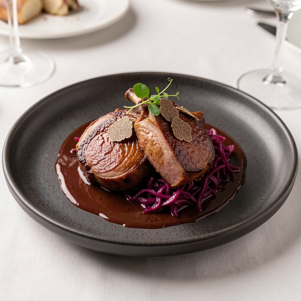 Beautifully plated gourmet Central European dish with slow-cooked duck, red cabbage and truffle jus on a dark ceramic plate in fine dining presentation