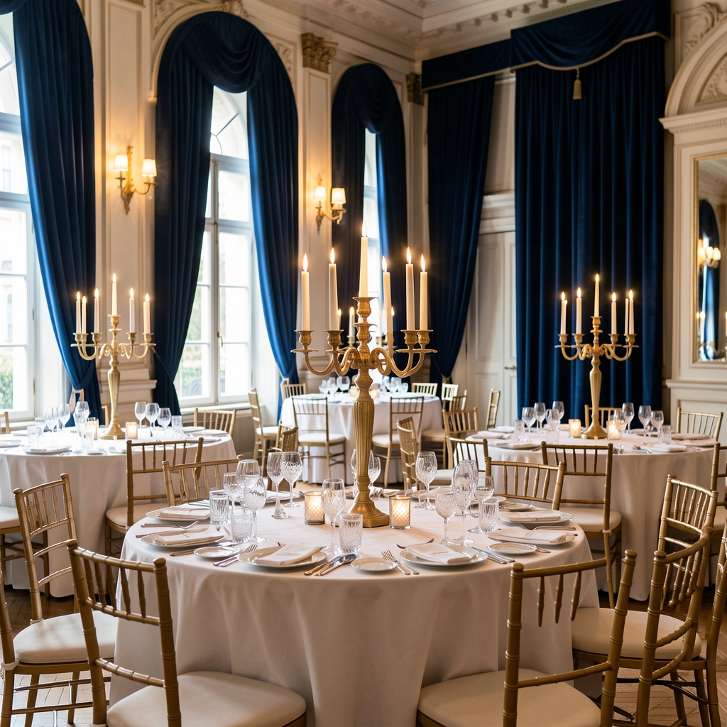 Sophisticated private event setup with round tables, golden candelabras, deep velvet curtains and crystal glassware in a luxury venue event hall in Brno