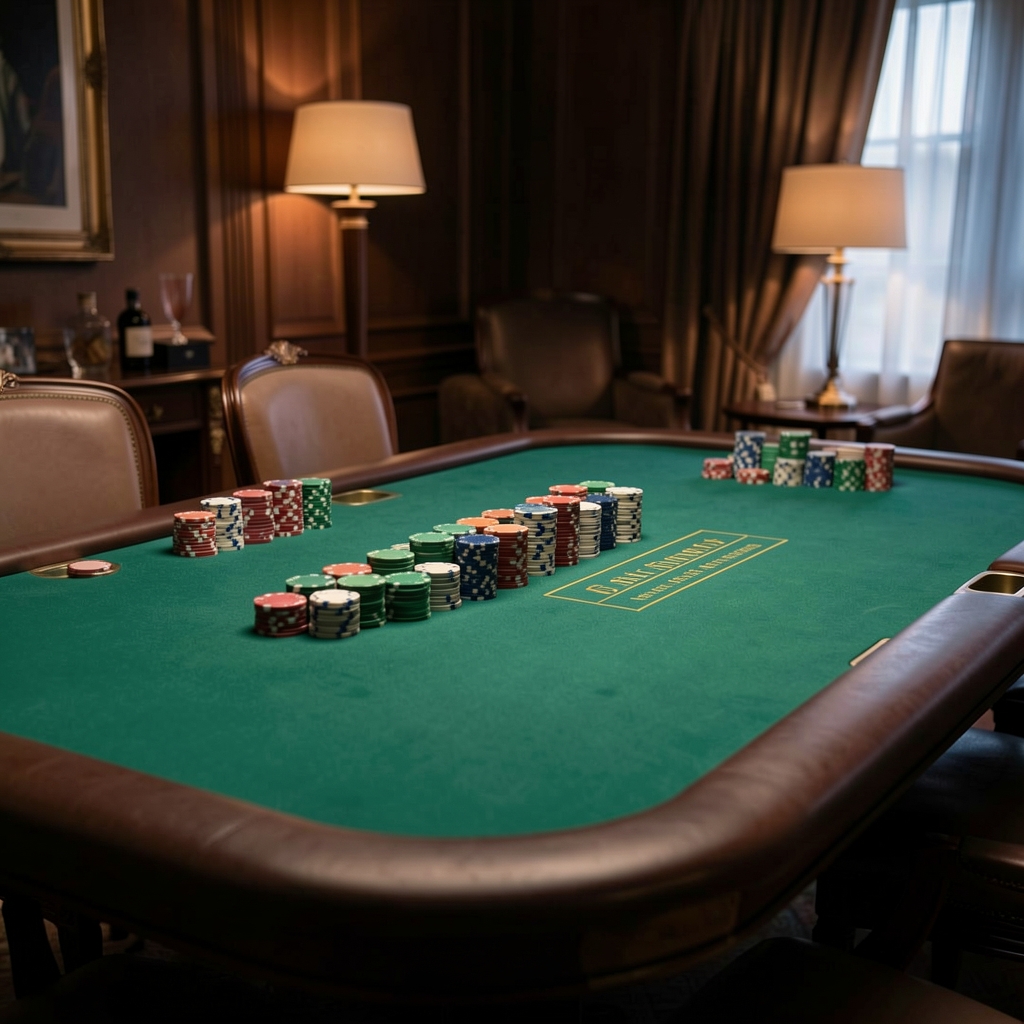 Elegant poker table with green baize felt, poker chips stacked in rows and dim atmospheric lighting creating a sophisticated private game room atmosphere