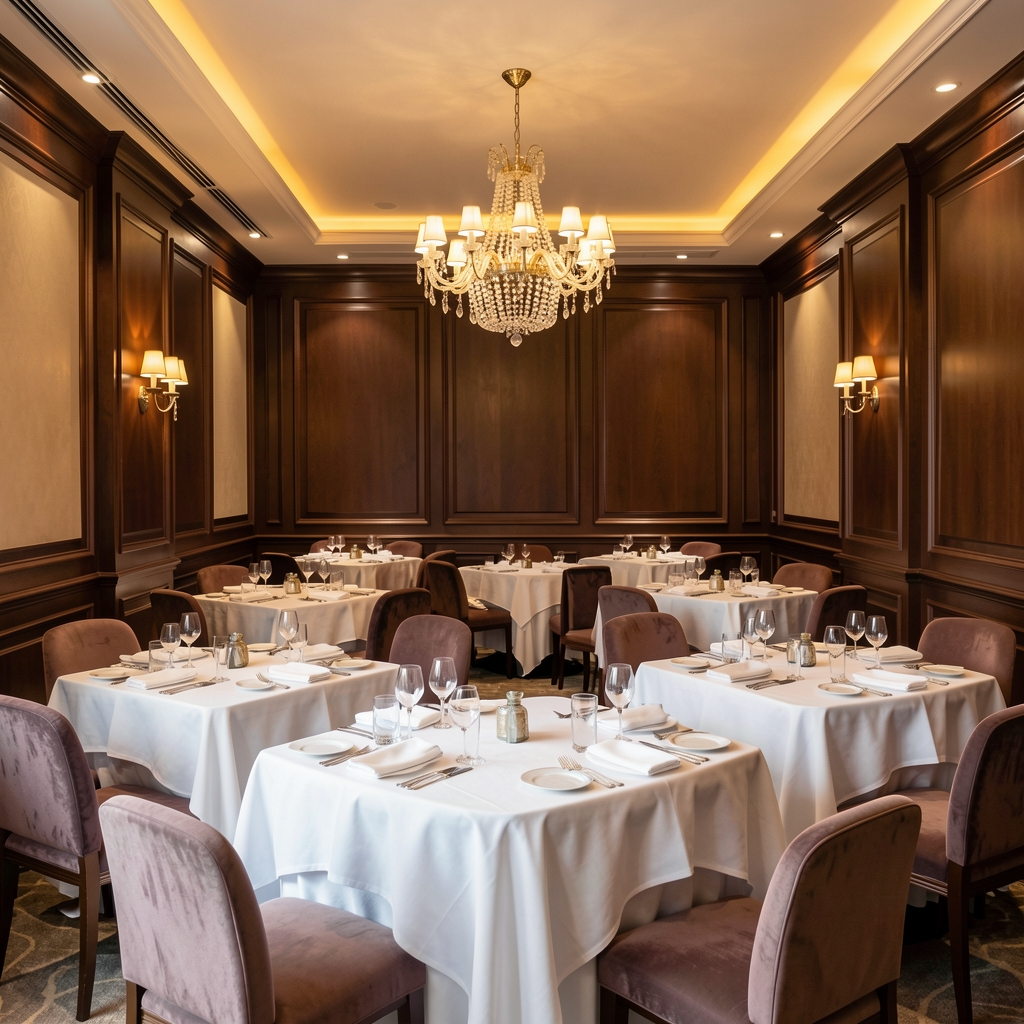Elegant main dining room of Prague Event Lounge with dark wood paneling, recessed amber spotlights, white tablecloths and crystal chandelier creating a sophisticated atmosphere