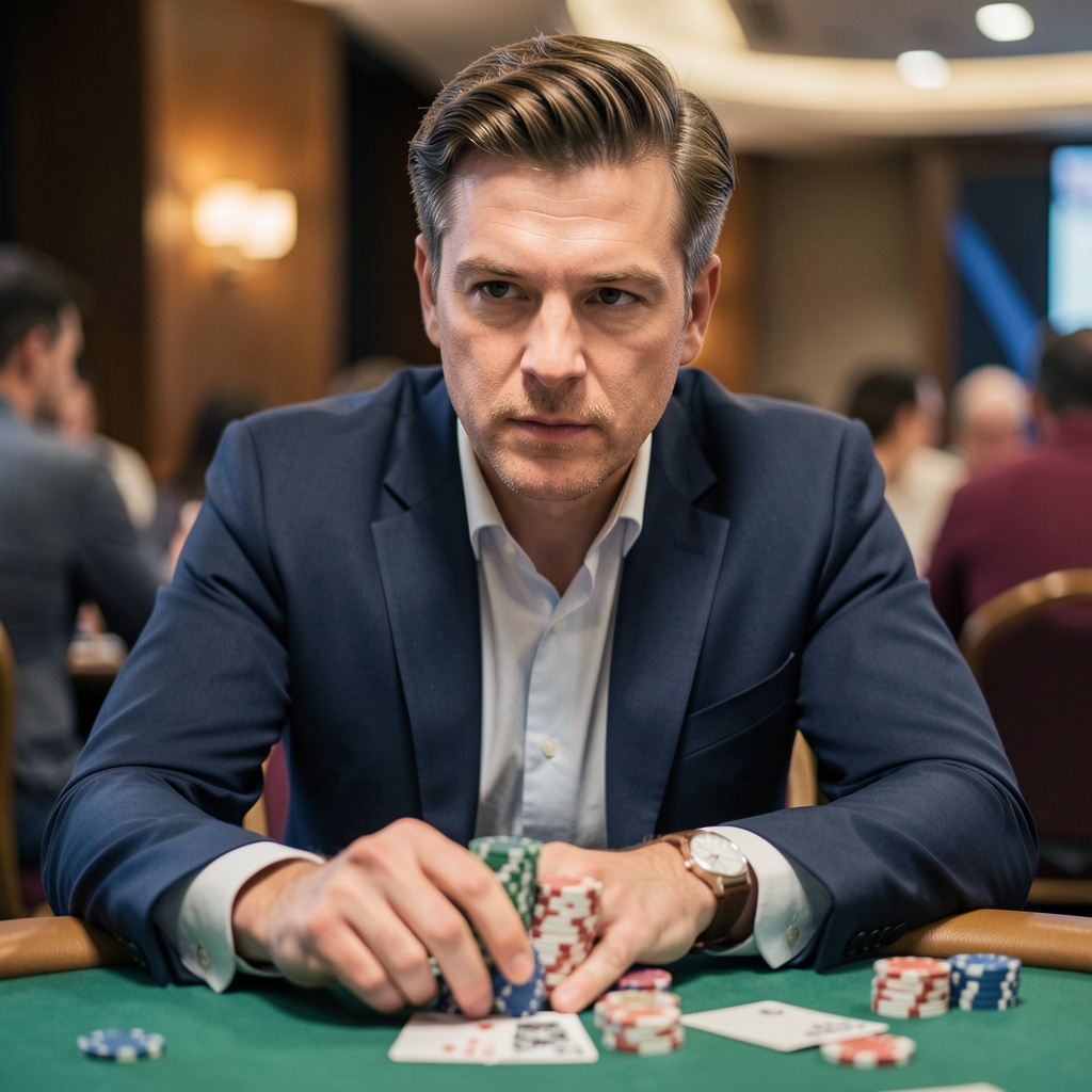 Close-up of poker player's hands holding two aces as hole cards with colorful chips and other players' hands blurred in the background in atmospheric private poker room lighting