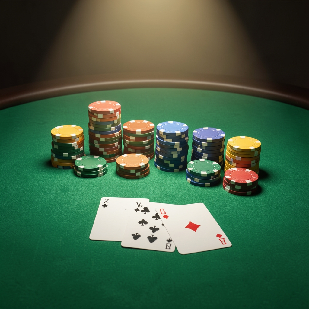 Professional poker table covered in green baize felt with casino-grade clay poker chips stacked in colorful towers and two playing cards dealt face up in bright spotlight