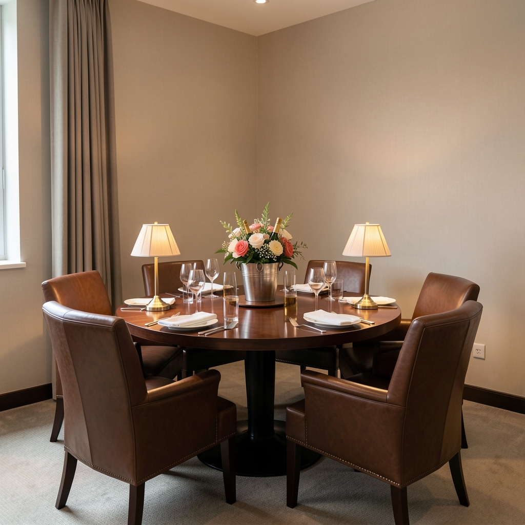 Private VIP salon with a round table set for six people with leather chairs, individual table lamps, wine bucket and a floral centerpiece in a quiet corner of the lounge