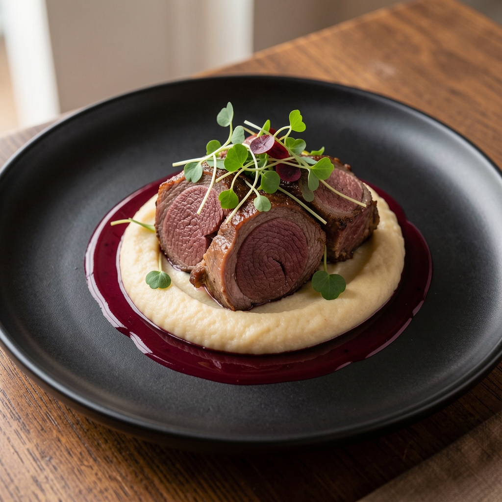 Artistically plated gourmet Czech cuisine dish featuring slow braised beef cheek with parsnip puree, micro herbs and a red wine reduction sauce on a black ceramic plate