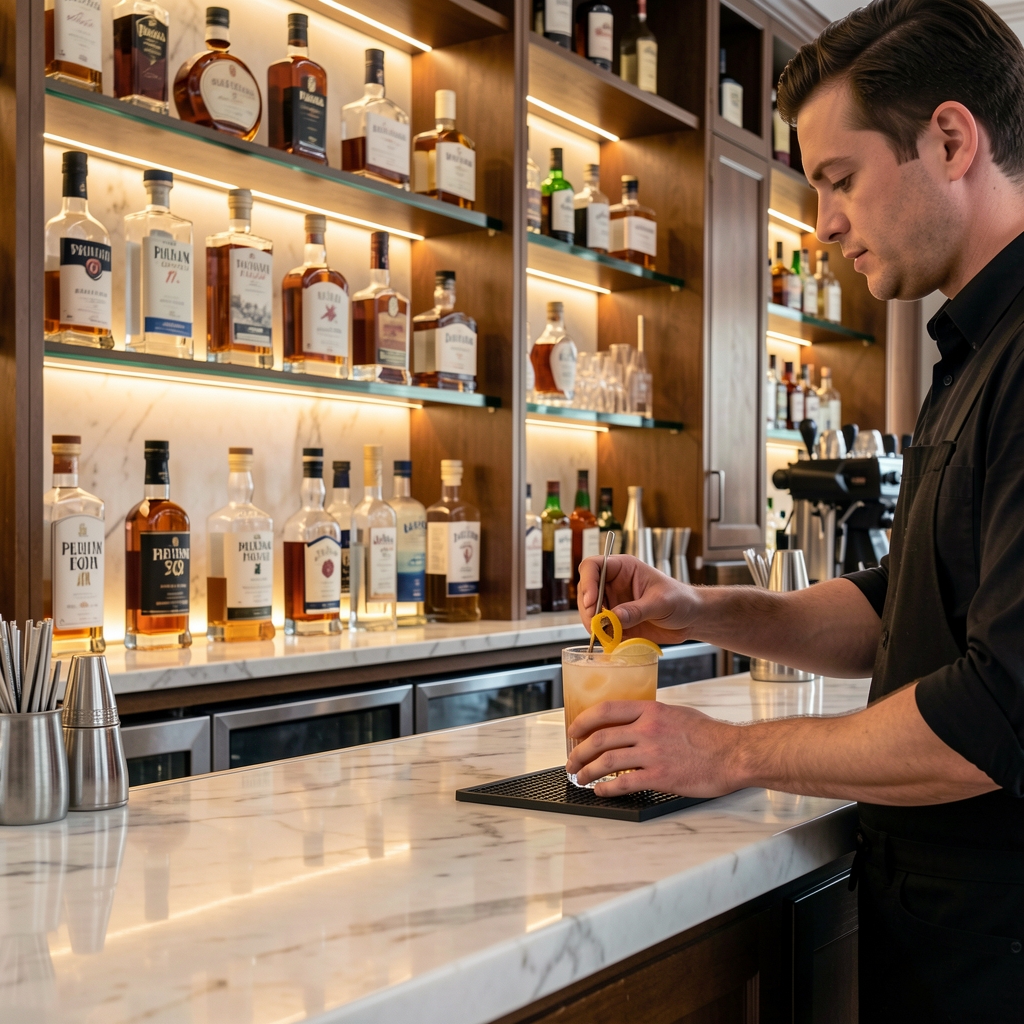 Bar counter area with backlit shelves displaying premium whisky and gin bottles, polished marble top and a bartender preparing a cocktail with citrus peel in the foreground