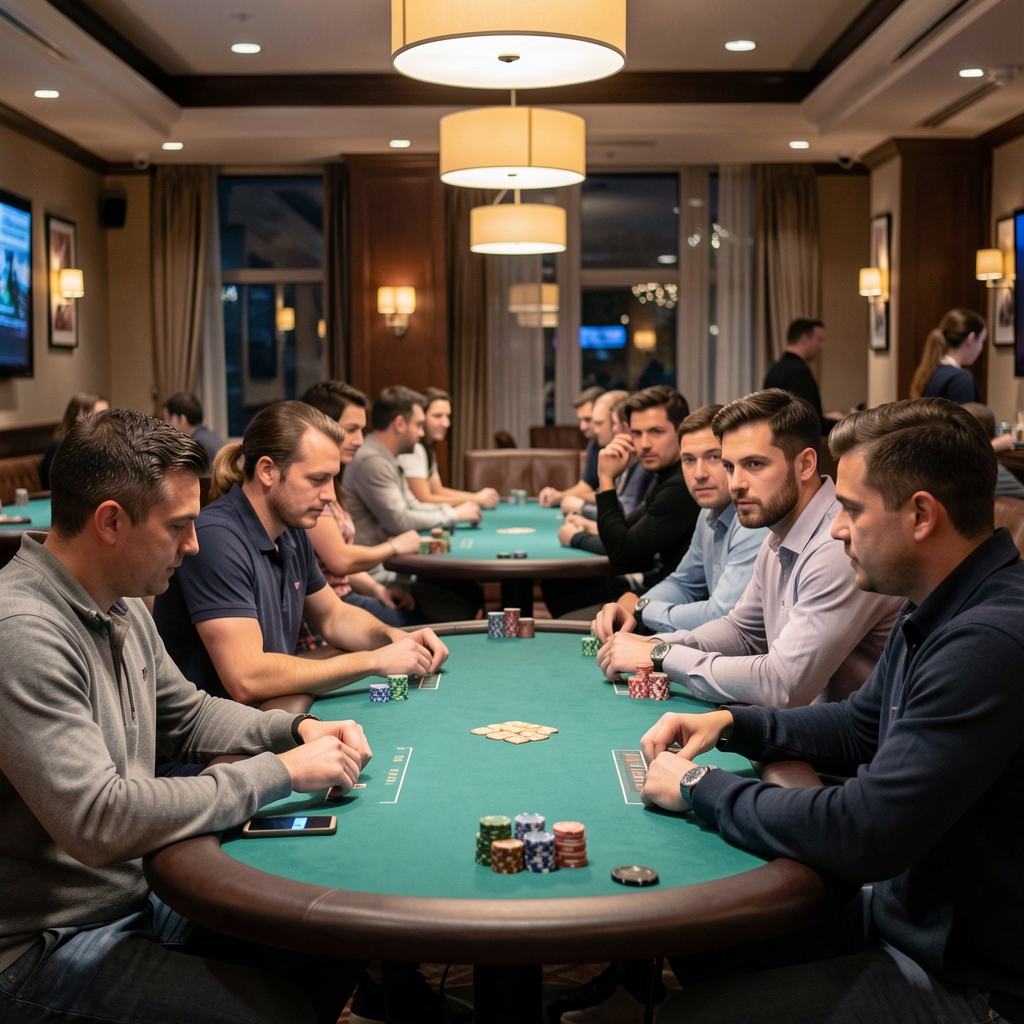 Live poker tournament in progress at Prague Event Lounge with multiple players seated around felt tables, chips in play and focused expressions under warm overhead lighting