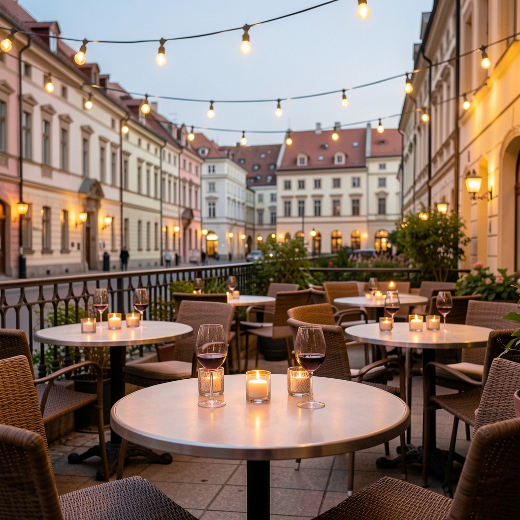 Outdoor terrace of Prague Event Lounge on a warm summer evening with small round tables, string lights overhead and candles reflecting on wine glasses in Brno city center