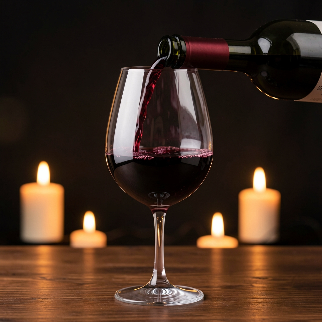 Wine glass pouring scene with deep red Moravian Frankovka wine being poured from a bottle into a large Burgundy glass against dark background with bokeh candlelight effect