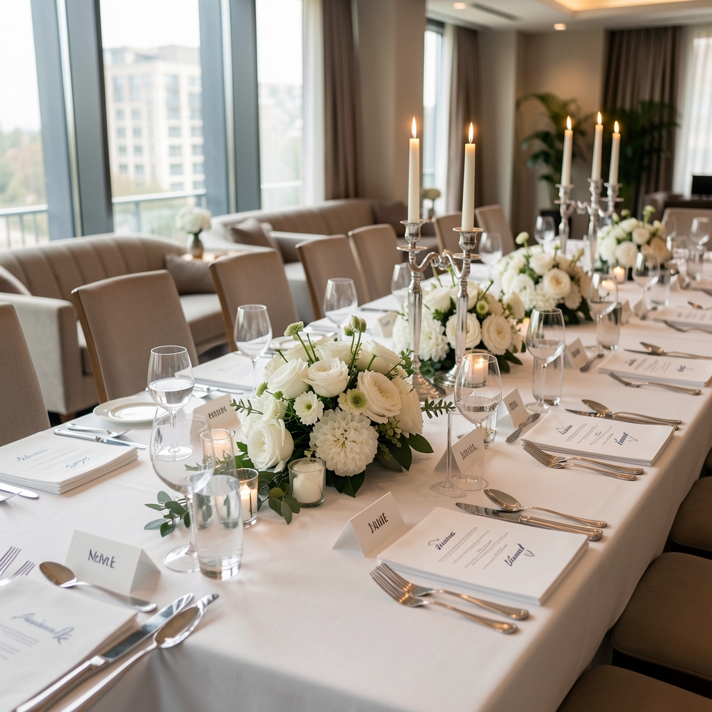 Corporate private event setup at Prague Event Lounge with long banquet table decorated with white floral arrangements, name cards, branded menus and candelabras for a formal dinner