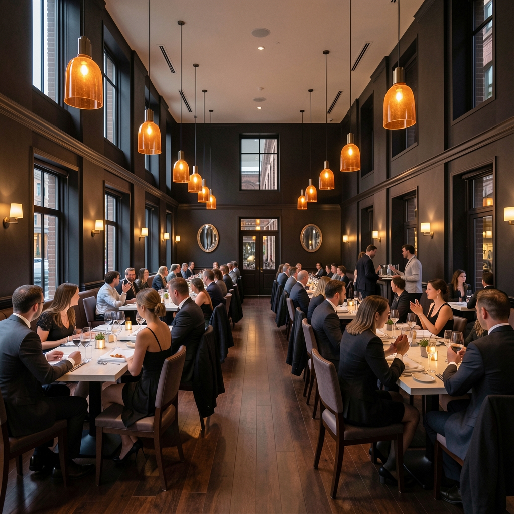 Panoramic interior view of Prague Event Lounge restaurant showing full dining room with high ceilings, dark walls, amber pendant lights, polished dark wood floor and elegantly dressed guests in the evening