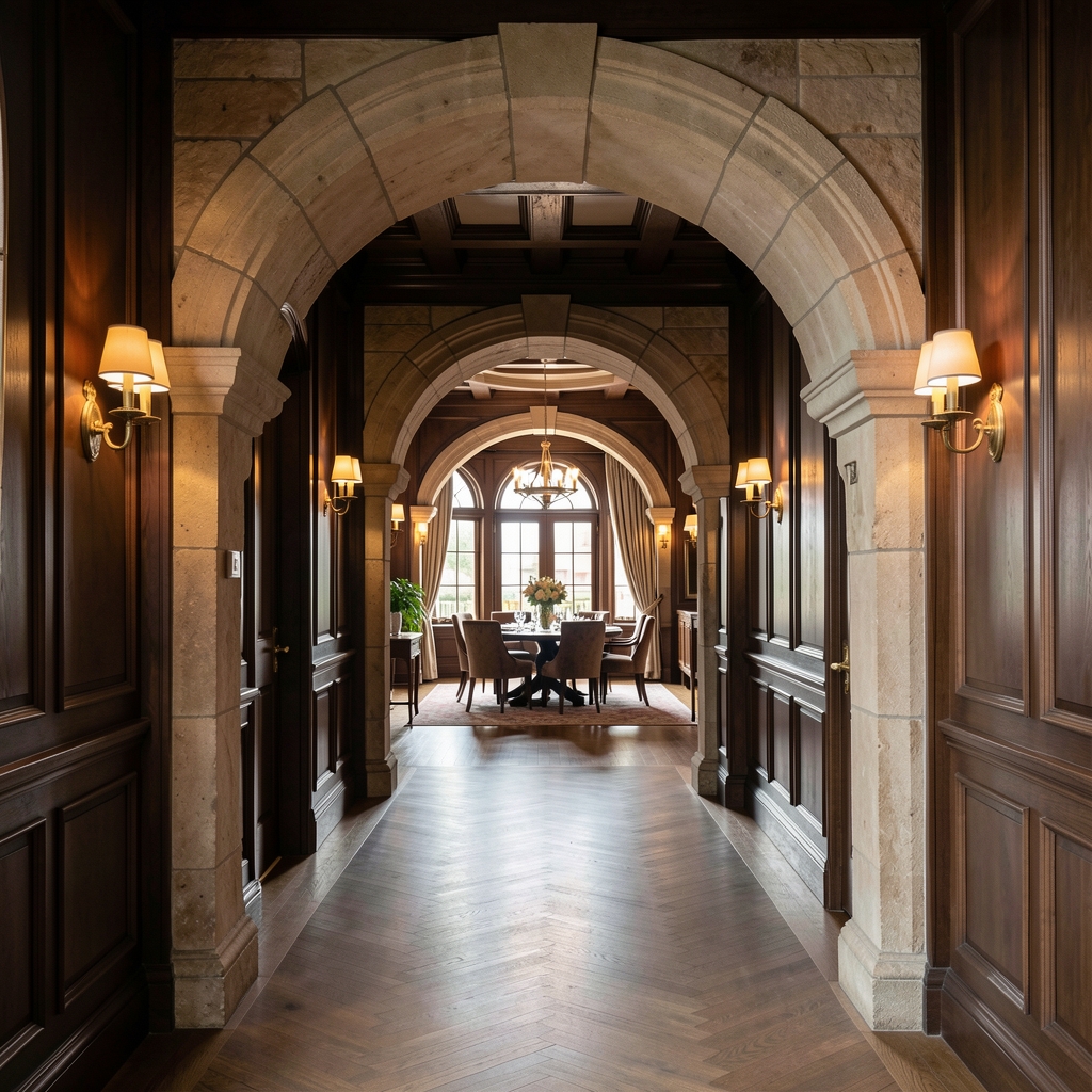 Dramatic interior shot of Prague Event Lounge entrance hall with high stone arch, dark wood walls, antique brass fixtures and a long corridor leading to the main dining room