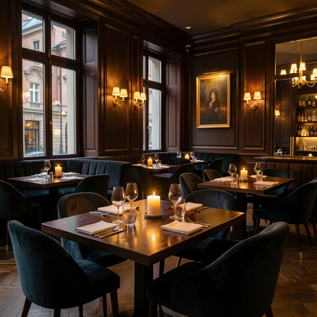 Luxurious dark restaurant interior with warm candlelight, dark wood tables, velvet chairs and a subtle golden ambiance in an upscale Brno lounge