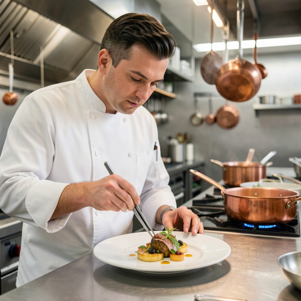 Professional restaurant chef in white coat carefully plating a gourmet dish with tweezers in a modern well-lit kitchen with copper pots visible in the background