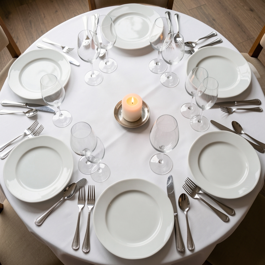 Top-down view of a beautifully arranged restaurant table with white porcelain plates, polished silverware, wine glasses and a candle centerpiece in a fine dining setting