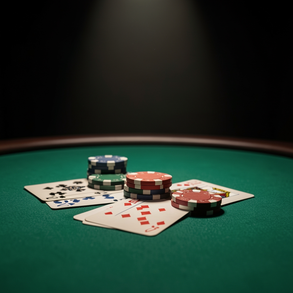 Close-up of poker chips and cards on a green felt table with dim atmospheric spotlight lighting in a professional private poker room, dark background
