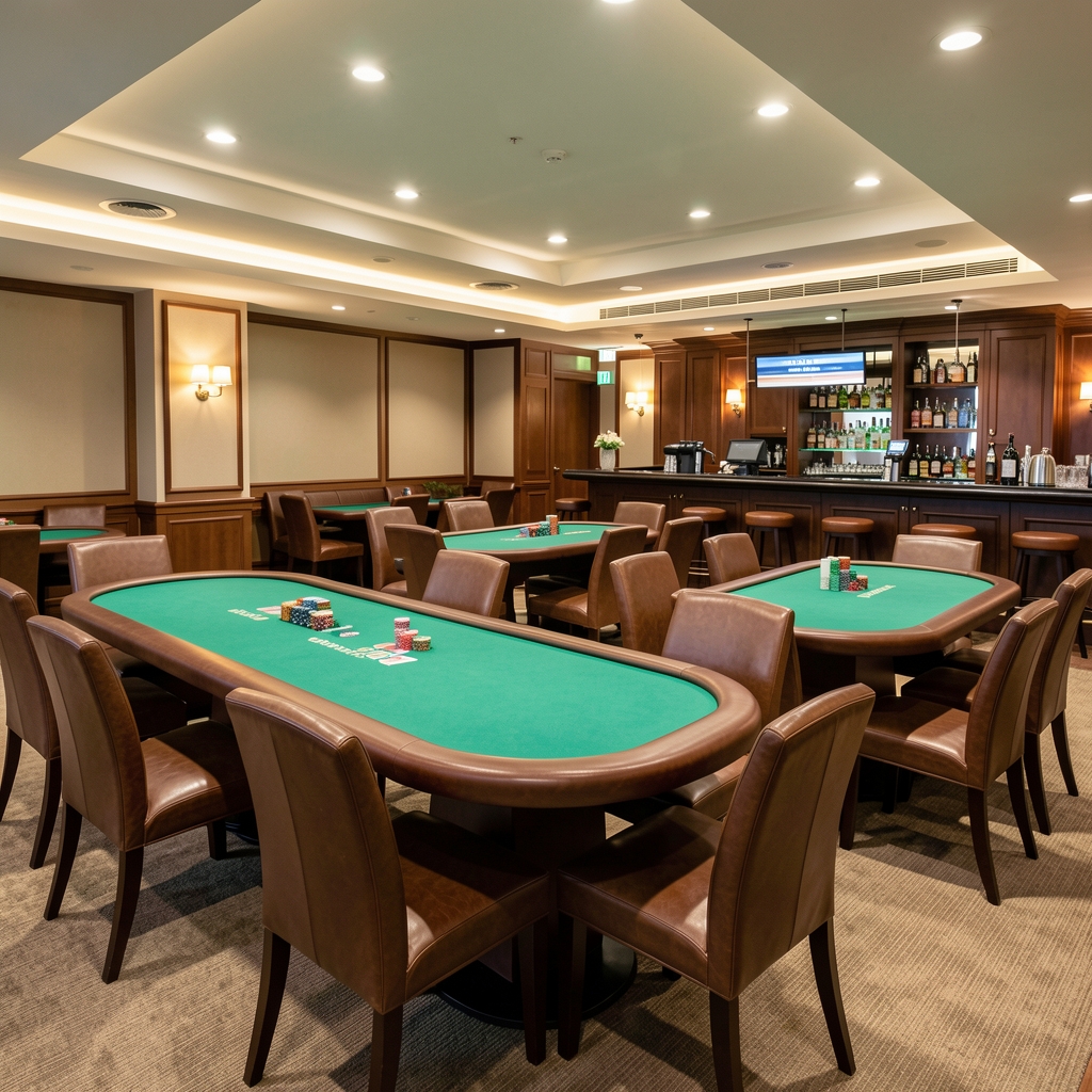 Well-lit professional poker room with six green felt tables, leather chairs, recessed ceiling lighting and a bar counter visible in the background at Prague Event Lounge Brno