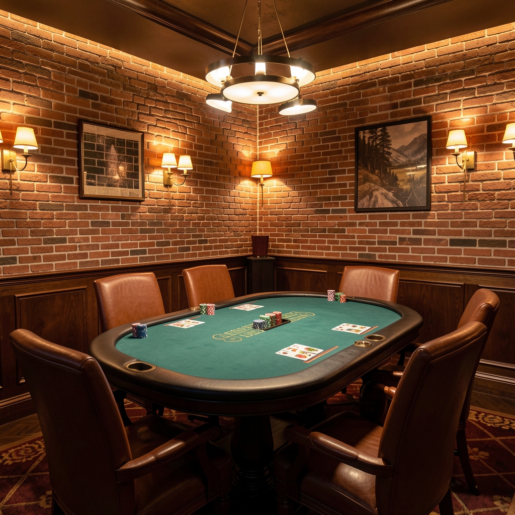 VIP poker room with professional felt poker table, leather chairs, dim amber lighting and a brick wall feature in an exclusive members-only club in Brno Czech Republic