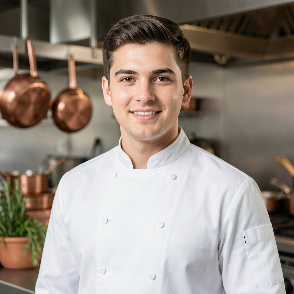 Portrait of professional chef Ondrej Blazek in white chef coat standing confidently in a modern restaurant kitchen with copper cookware and fresh herbs in background