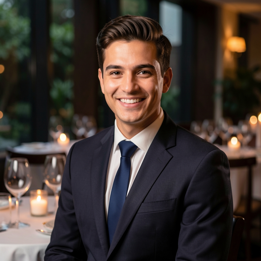 Portrait of restaurant manager Martin Horak in dark suit smiling warmly in an elegant dimly lit restaurant dining room with wine glasses and candles on table