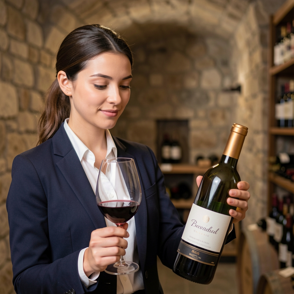 Portrait of sommelier Lenka Novakova in elegant professional attire holding a wine glass and examining a bottle of Czech Moravian wine in a wine cellar with stone walls
